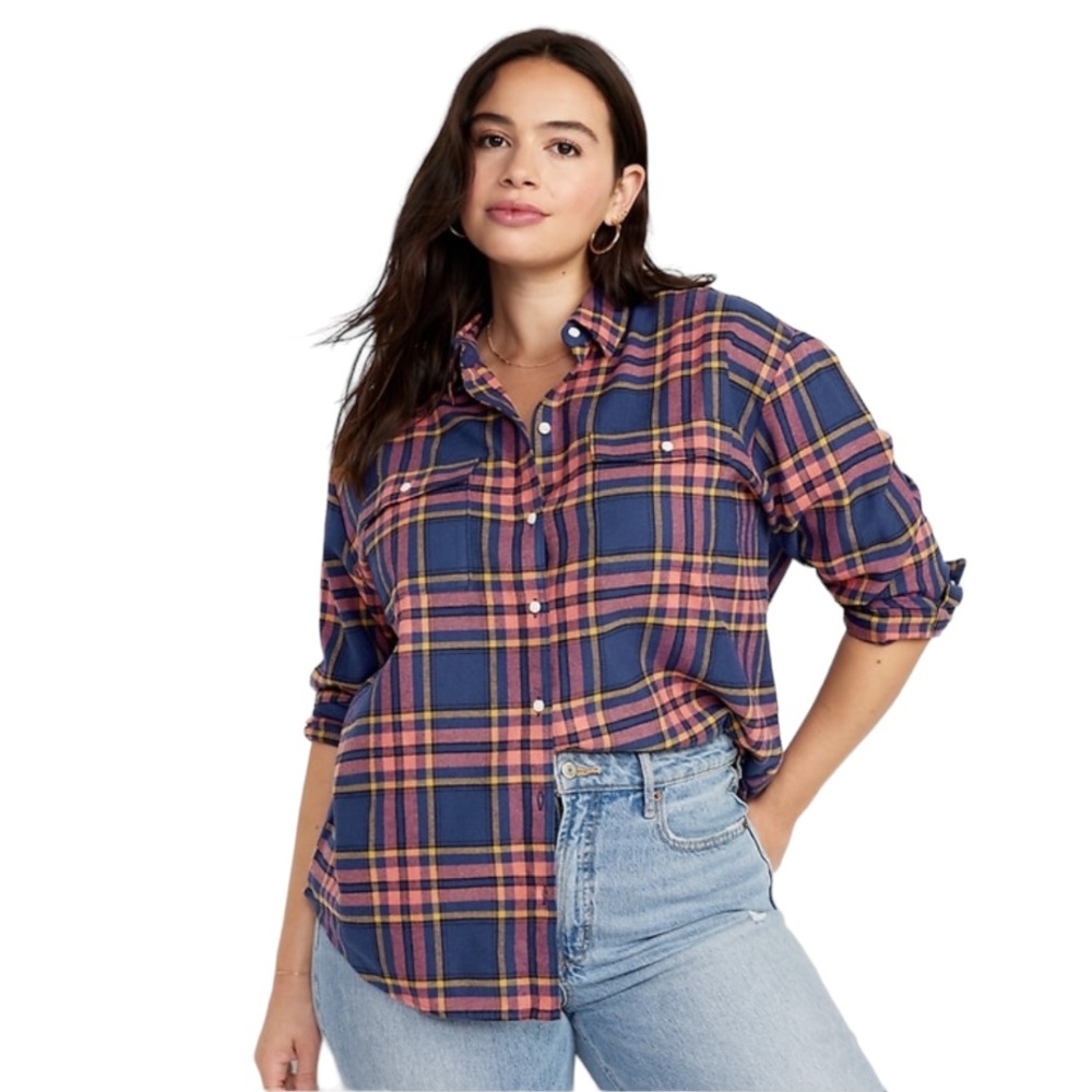 Old Navy NWT Boyfriend Plaid Flannel Button Down size Large - Picture 6 of 10